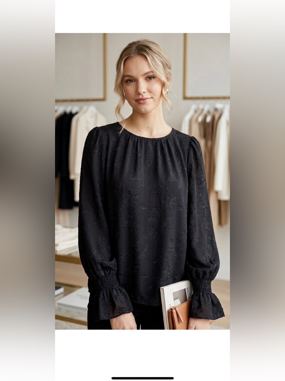 CeCe Black Floral Jacquard Blouse
